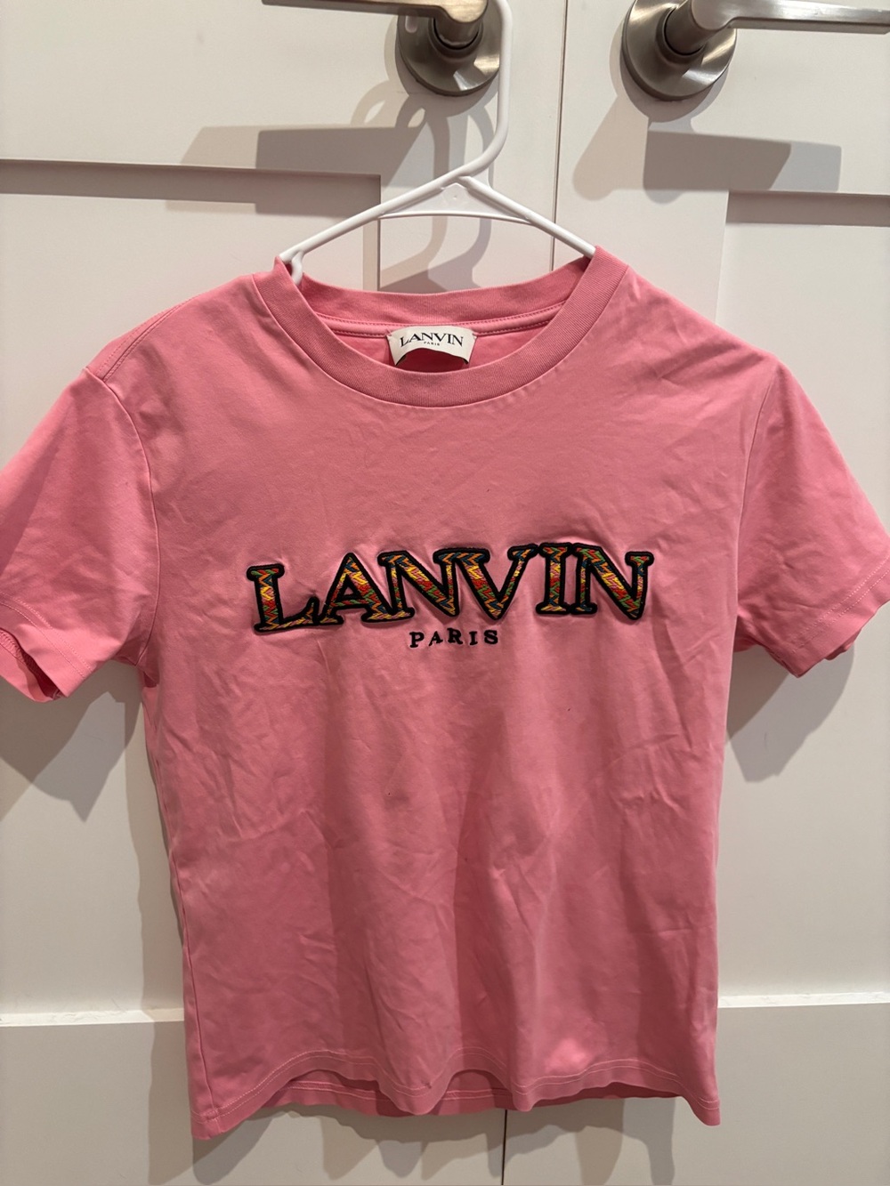 Lanvin Pink Tee with Embroidered Multicolor Logo